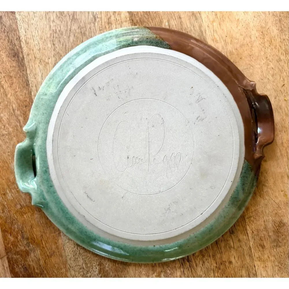 Studio Pottery Serving Plate Signed Iris Floral Green Rust Handcrafted Art